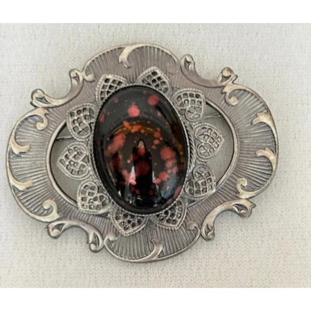 Jablonex Victorian Style Brooch New Boxed Czech Glass Red Black Cabochon Goth